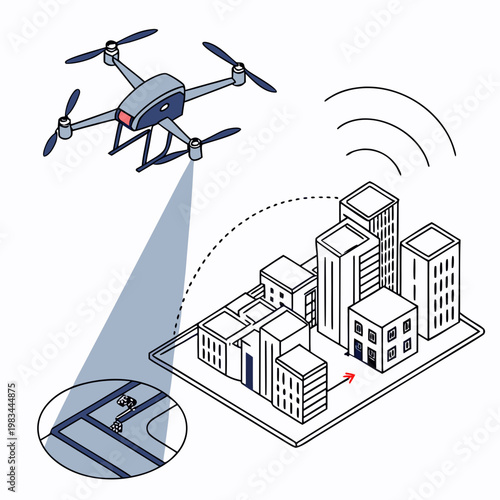 Drone performing aerial surveillance over a city skyline with detailed mapping drone technology unmanned aerial vehicle data collection aerial photography smart city urban planning aerial view