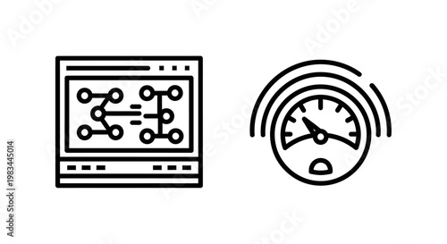 Network system schema and performance speedometer icons with speedometer