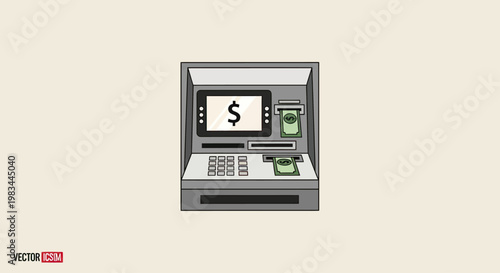 A digital illustration of an automated teller machine dispensing cash