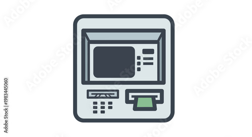 Stylized graphic of a cash machine with a screen, keypad, and cash slot
