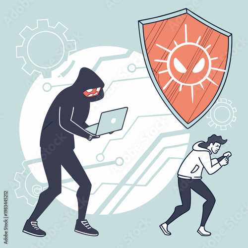 Cybercriminal with laptop attacks network security shield with virus icon security breach cyber attack system error computer bug internet security cybercrime security internet computer