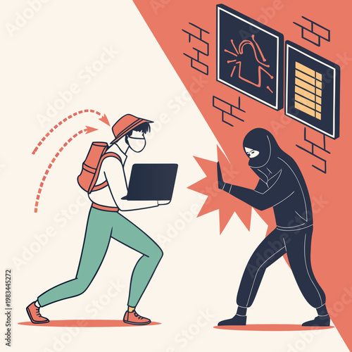 Person with laptop and backpack protected from hacker attack by digital wall cyber attack security breach online security internet safety personal data security protection cybercrime internet