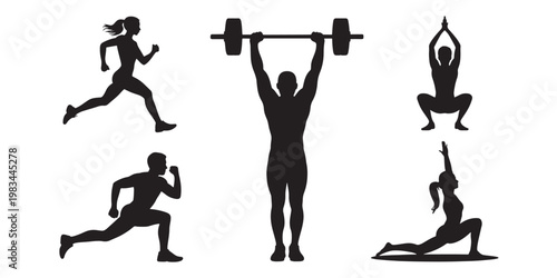 Various silhouettes of people exercising and lifting weights