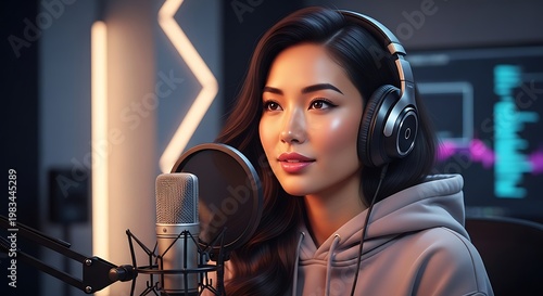 Focused Asian Woman Recording Podcast in Professional Studio Setting.