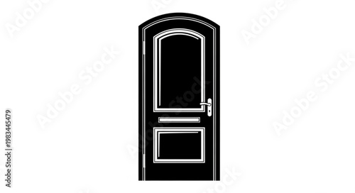 Classic arched wooden door with white trim and handle.