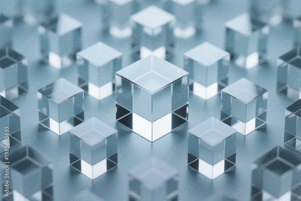 Obraz premium Array of transparent glass cubes arranged in a grid pattern on a reflective surface