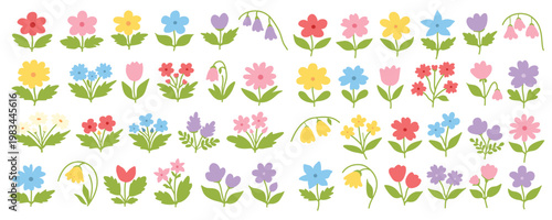 Spring and Summer Abstract Hand-Drawn Flowers, Cute Floral Doodle Elements with Wildflowers, Leaves, Herbs, and Colorful Foliage