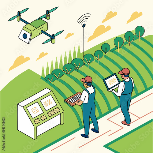 Farmers using drone and technology for precision agriculture with eco friendly agriculture technology precision innovation irrigation monitoring automation countryside equipment machinery