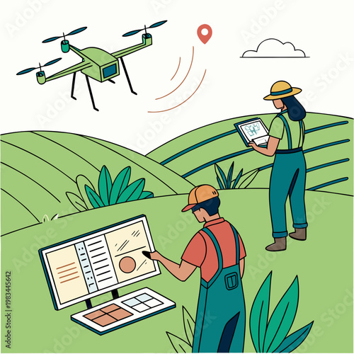Couple using drone and tablet for agricultural planning on a farm with agriculture technology computer planning precision innovation countryside monitoring automation equipment business