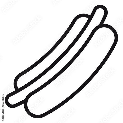 Minimalist black line vector icon of a hot dog in a bun, isolated on a white background. Simple graphic illustration of a classic American fast food snack, sausage, frankfurter, or bratwurst.