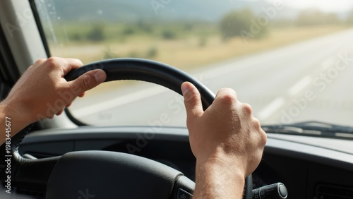 Drivers Hands on Steering Wheel of Moving Vehicle