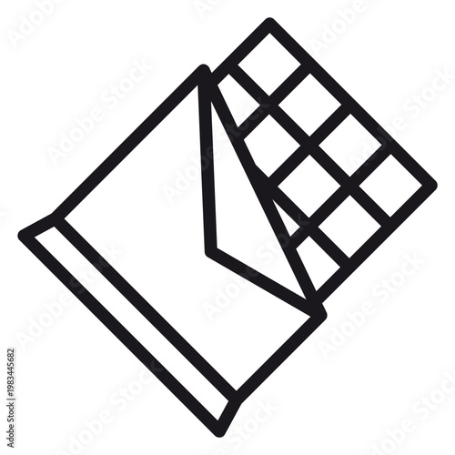 Minimalist black line vector icon of a partially unwrapped chocolate bar showing individual squares, perfect for food, dessert, snack, cocoa, and confectionery themed digital graphic design