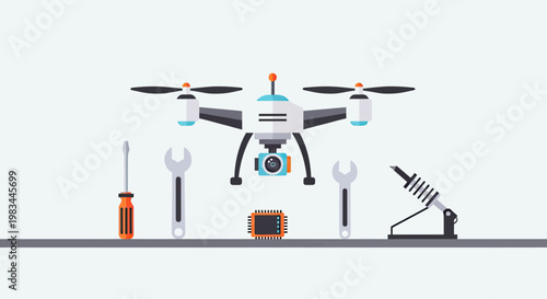 A drone with tools and electronic components for repair or assembly