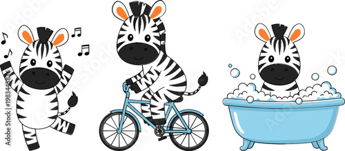 Cartoon Zebra Vector Set Featuring Dancing, Cycling, and Bathing Zebra for Fun, Animal, and Kids Illustrations