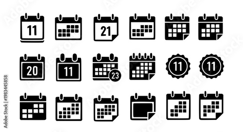 Photos Mixed Alignment Minimal Calendar Icon Set with Date Badges and Page Flip Element