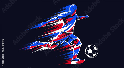 Soccer player kicking ball represented as a dynamic vector illustration featuring motion blur effects and vibrant colors isolated on a dark background for sports branding projects.