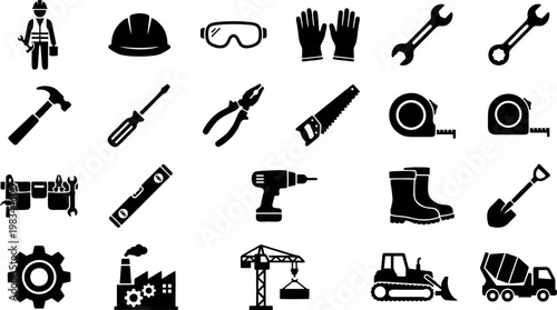 Industrial Icon Set – Worker, Tools, Gear Silhouette Collection