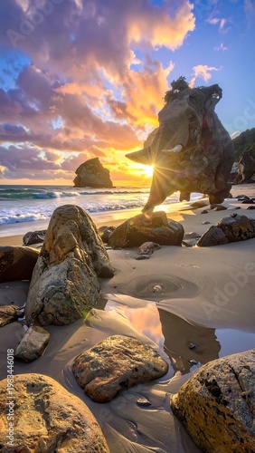 A rocky beach sunset with a large boulder