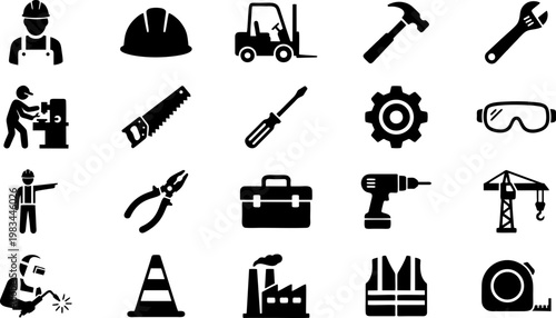 Industrial Icon Set – Worker, Tools, Gear Silhouette Collection