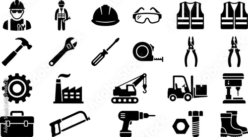 Industrial Icon Set – Worker, Tools, Gear Silhouette Collection