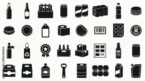 Beer Packaging Icons. Outline icon set of beer packaging: labeled bottle, cardboard box, can holder, keg crate
