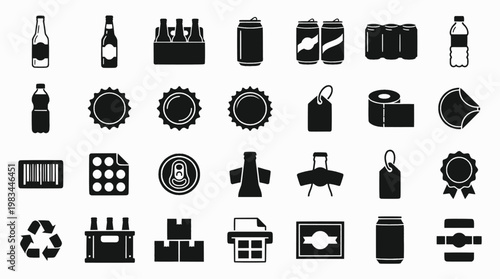 Beer Packaging Icons. Outline icon set of beer packaging: labeled bottle, cardboard box, can holder, keg crate
