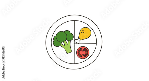 A plate divided into sections with broccoli, egg, and tomato for healthy eating.