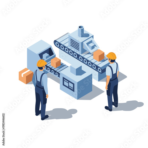Factory workers overseeing automated production line with boxes.