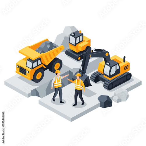 Construction workers overseeing heavy machinery on a building site.