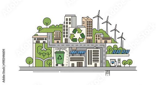 Green city illustration showing sustainable energy, recycling, and urban farming