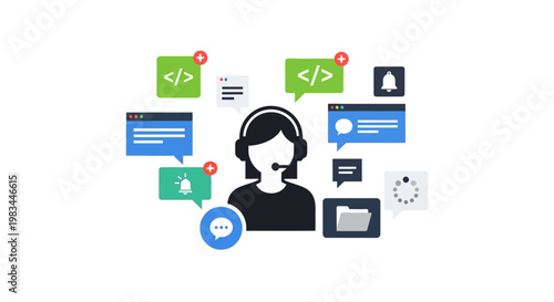 Customer support representative with computer icons.