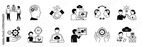 AI ethics solid icon set, vector illustration for human centered design, responsible ai development, transparency and fairness concepts.