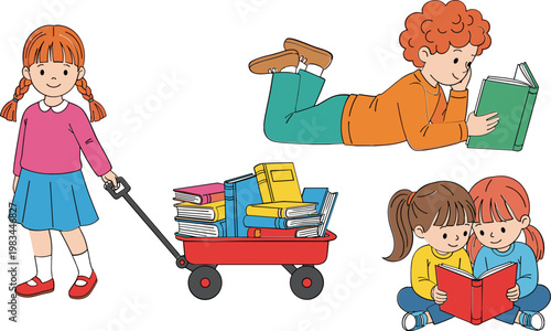 Children Reading and Playing with Books Vector Set Featuring Girl with Wagon, Boy Reading, and Kids Studying Together for Education and Childhood Designs