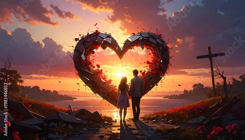 A romantic couple stands before a heart-shaped structure at sunset