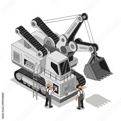 Large excavator machine with two workers inspecting it.