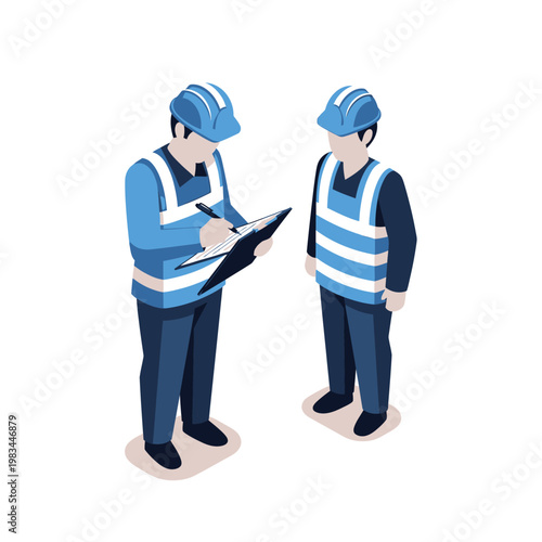 Two construction workers in hard hats and safety vests discussing plans on a clipboard.