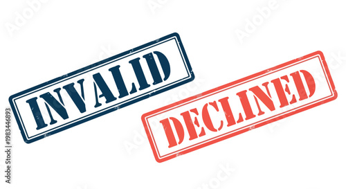 Close-up of a red and blue invalid and declined stamps on a white background indicating rejection or disapproval