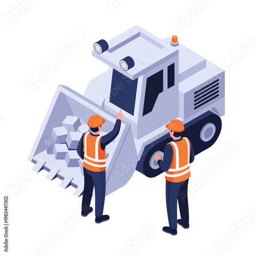 Construction workers operating heavy machinery for material handling.