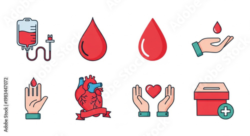 Blood donation icons representing health and care.