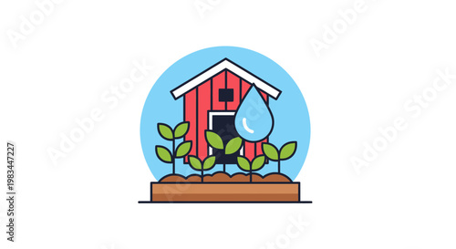Red barn and sprouting plants under a water drop, set against a light blue circle