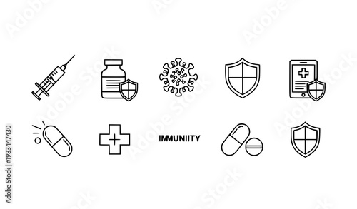 Covid vaccination syringe injection line icons medical virus immunity healthcare vector set