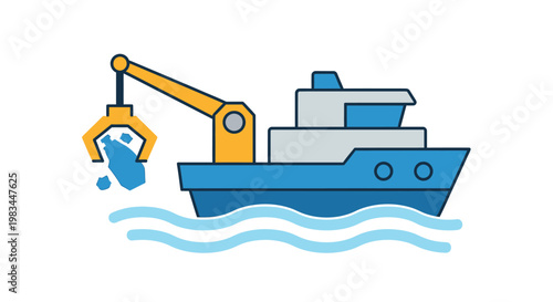 A blue vessel with a yellow crane scoops blue material from the water