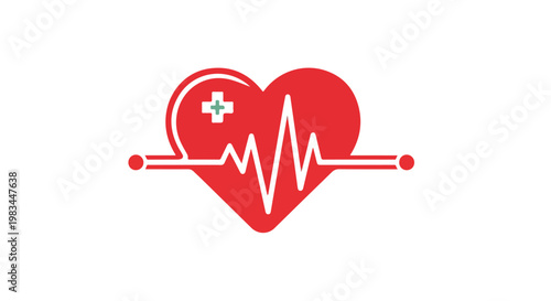 Stylized red heart with medical cross and heartbeat line representing healthcare and medical services