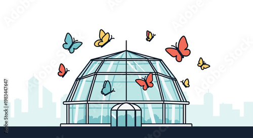 A modern glass conservatory with colorful butterflies flying around it