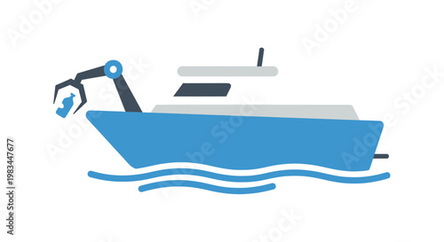 A blue boat with a robotic arm collects a plastic bottle from the water