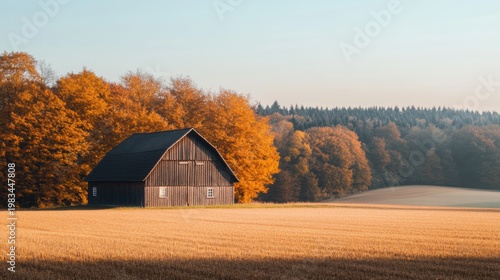 Traditional Wooden Barn in Autumn Field at Morning Light