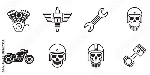 Vintage Biker and Motorcycle Engine Icon Set