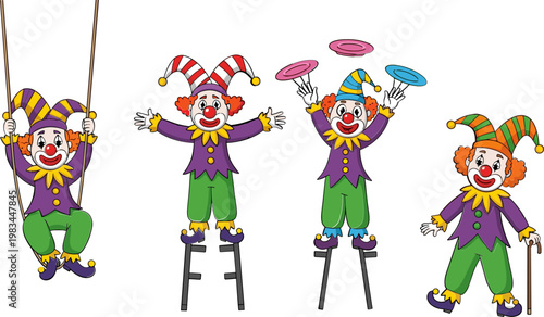 Clown Performance Vector Set, Circus Acts, Juggling, Stilt Walking, Swinging Clowns, Fun and Colorful Icons for Party, Entertainment, and Circus Designs