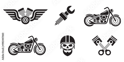 Custom Motorcycle and Biker Club Vector Icon Collection with Winged Engine and Skulls