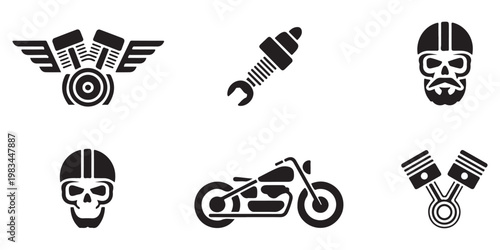 Biker Lifestyle and Motorcycle Repair Icon Set featuring Skulls Engines and Pistons